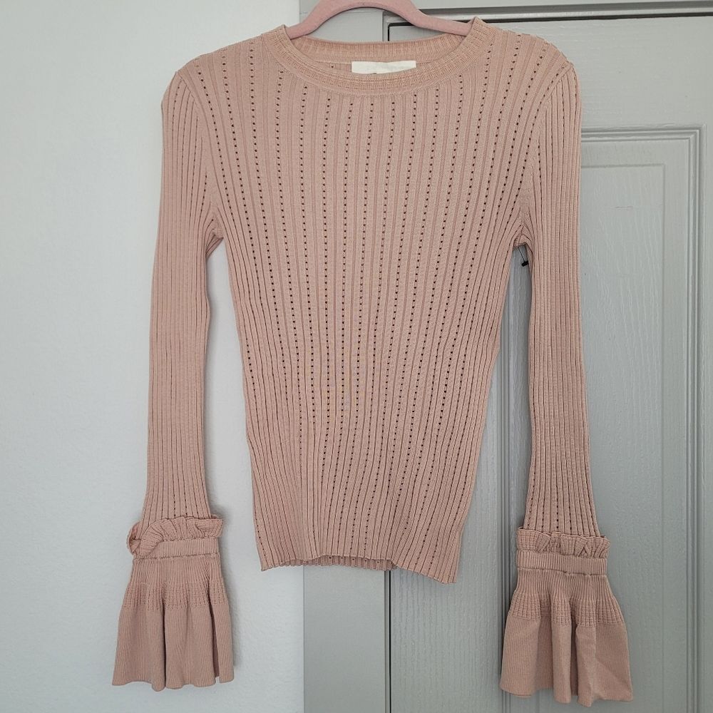 Jonathan Simkhai Pointelle Knit Crewneck Ribbed Sweater Flared Cuff Blush Pink S